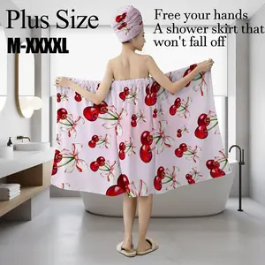 Plus Size M-XXXXL Pink Cherry Bow Bath Wrap & Hair Towel Set, Adjustable Non-Slip Shower Skirt for Bathroom, Spa, Party, Valentine's Day Gift