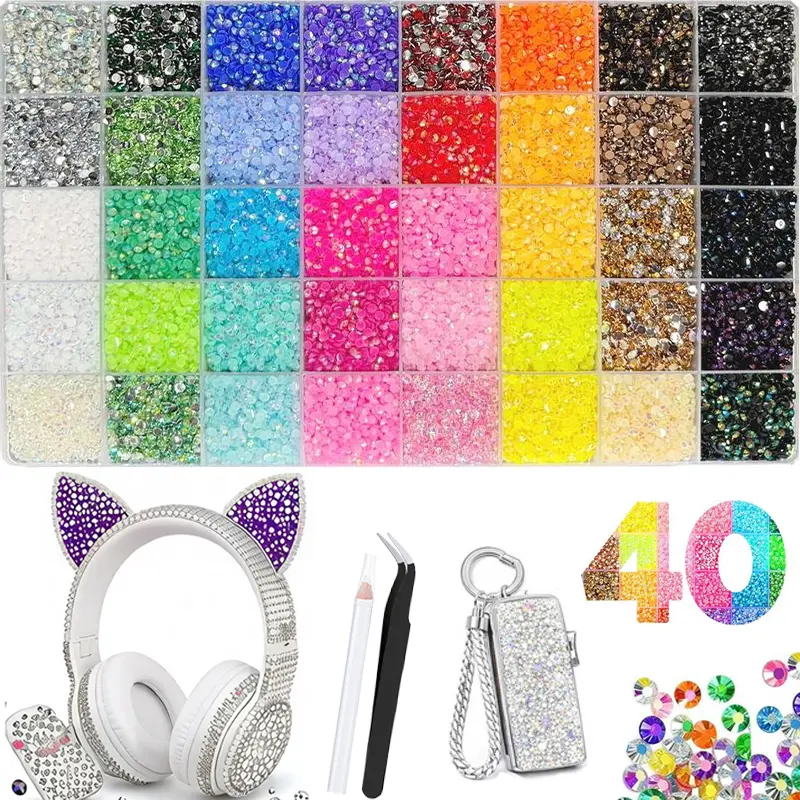 40 with 32000Pcs 3mm High-Facet Shiny Resin Rhinestones, Jelly Rhinestones synthetic beads With Kit for Bedazzling 3mm Multicolor synthetic beads Resin Flatback  beads for Art ， Nail Art Glitter Decorative Nails Glam Pack Glitter