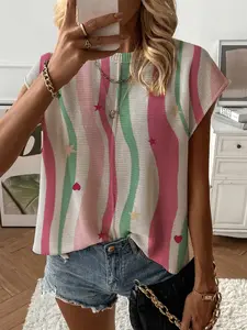 Summer Round Neck Short Sleeve Knit Top, Loose Fit Colorblock Striped Print, Casual Elegant Commuter, Bikini Cover-Up, Blouse