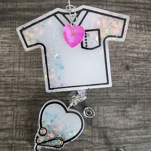 Retractable White Glitter Medial Scrub with Pink Heart, Detaches, and Colorful Heart Design, Includes Stethoscope Attachment Healthcare Bathroom