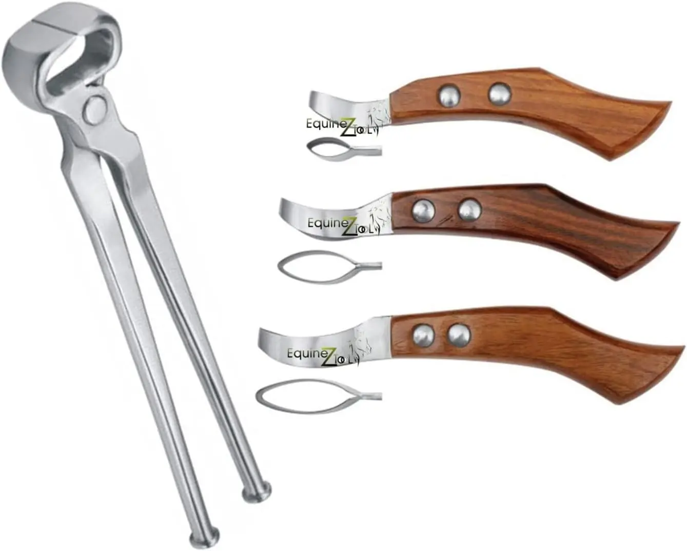 Farrier Tool Set for Horse Hoof Care – 12'' Vanadium Steel Farrier Shoe Puller with Dull Finish, Ergonomic Handle & 3-Piece Loop Hoof Knife Set (Small, Medium, Large)