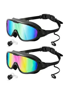 GOECI 2 Pack - Swim Goggles for Adults  - Anti-Fog Full-Coverage, 3-Color UV Lens, Waterproof Earplugs & Nose Clip
