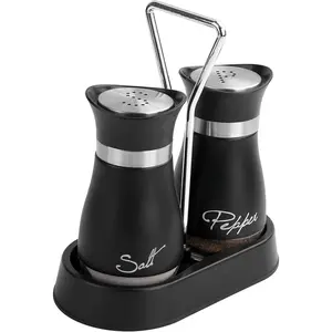 2 count - Stainless Steel and Glass Salt and Pepper Shaker Sets with Holder (BLACK)