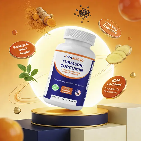 Vitamatic Turmeric Curcumin Curcuma Dietary Supplement - Natural Antioxidant Herbal Gut Healthy Booster, Selfcare Support - Plant-Based Extract with Black Pepper, Ginger, Moringa - Vegetarian, Non-GMO, Gluten-Free - 120 Capsules, Self Care Products, Immun