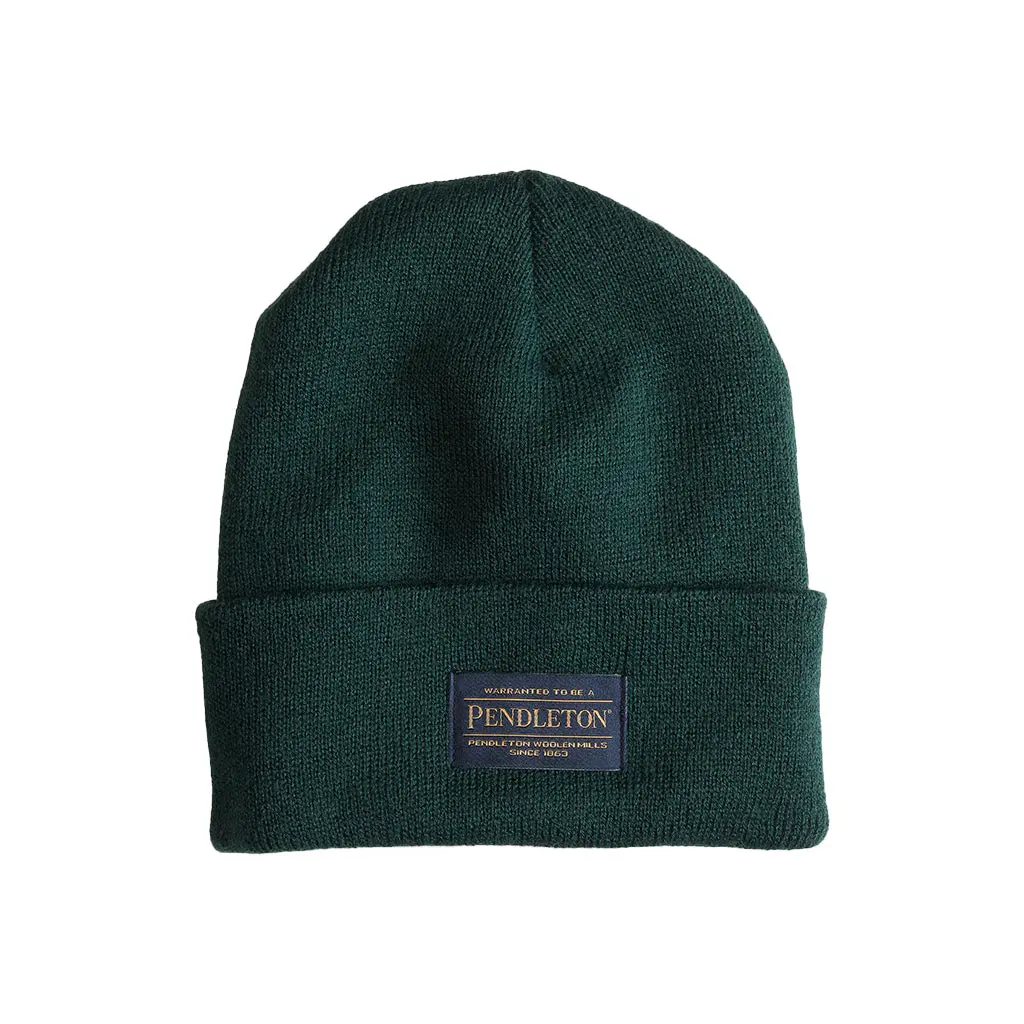 Pendleton Classic Ribbed Knit Green Beanie with Brim Hats, Soft Stretch Acrylic, Logo Patch, Made in USA