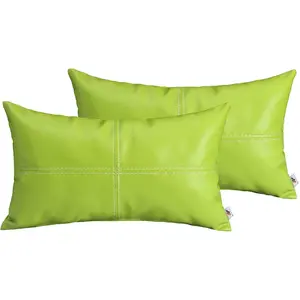 Faux Leather Lumbar Throw Pillow in Lime Green (Set of 2)