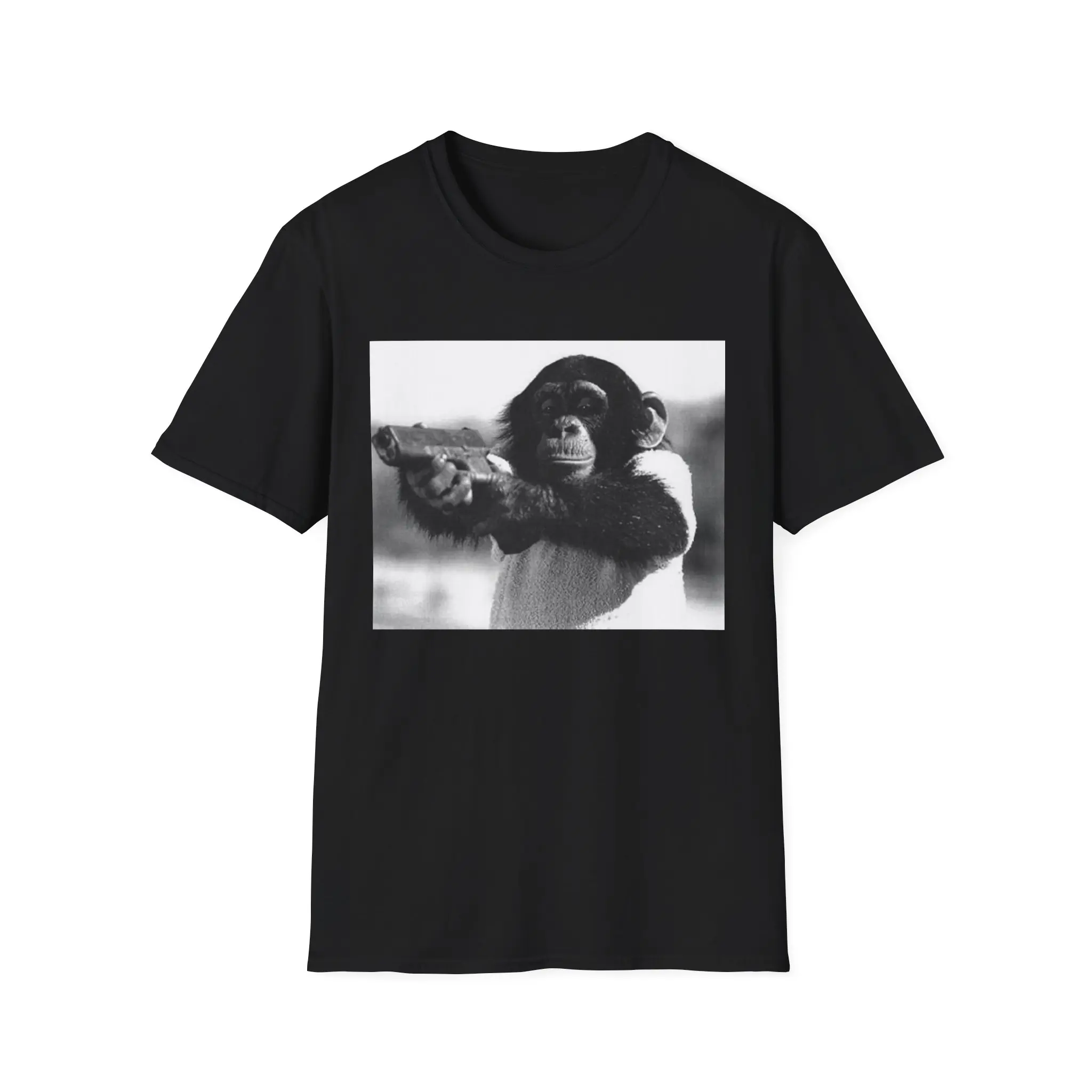 Funny Monkey Shooting Meme Graphic T-Shirt, Unisex Tee, Casual Wear, Gift for Animal Lovers, Quirky Humor Shirt, Perfect for Parties