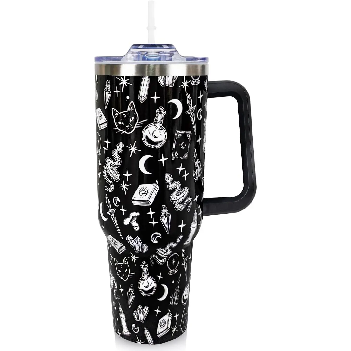 40 Oz Insulated 304 Steel Safe Stainless Steel Goth Water Bottle - Portable Coffee Beverage Flask with Handle, Straw, Lid, Plastic Components, Gothic Witchy Drinkware for Indoor/Travel, Unique Halloween Gift for Women, Water Bottles