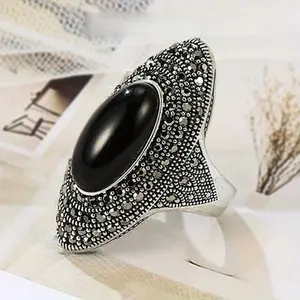Opalux  Vintage Retro Cocktail Statement Ring Black Agate Ring with Black Cubic Zirconia Surrounded Decor, Antique Silver Big Black Stone Ring Victorian Style Jewelry for Women and Men