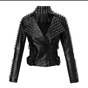Faux Spiked PU Leather Jacket with Belt - Stylish Black Jacket, Fitted Design, Order Size Up for Comfort, Black Color - Tops, Outerwear, Coats, Womenswear, Long Sleeve