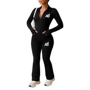 Womens 2 Piece Tracksuit Set - Long Sleeve Zip Up Top with Collar & High Waist Flared Pants - Stylish Casual Loungewear Outfit for Gym, Workout, Travel, Running & Everyday Comfort | Black, (Medium)