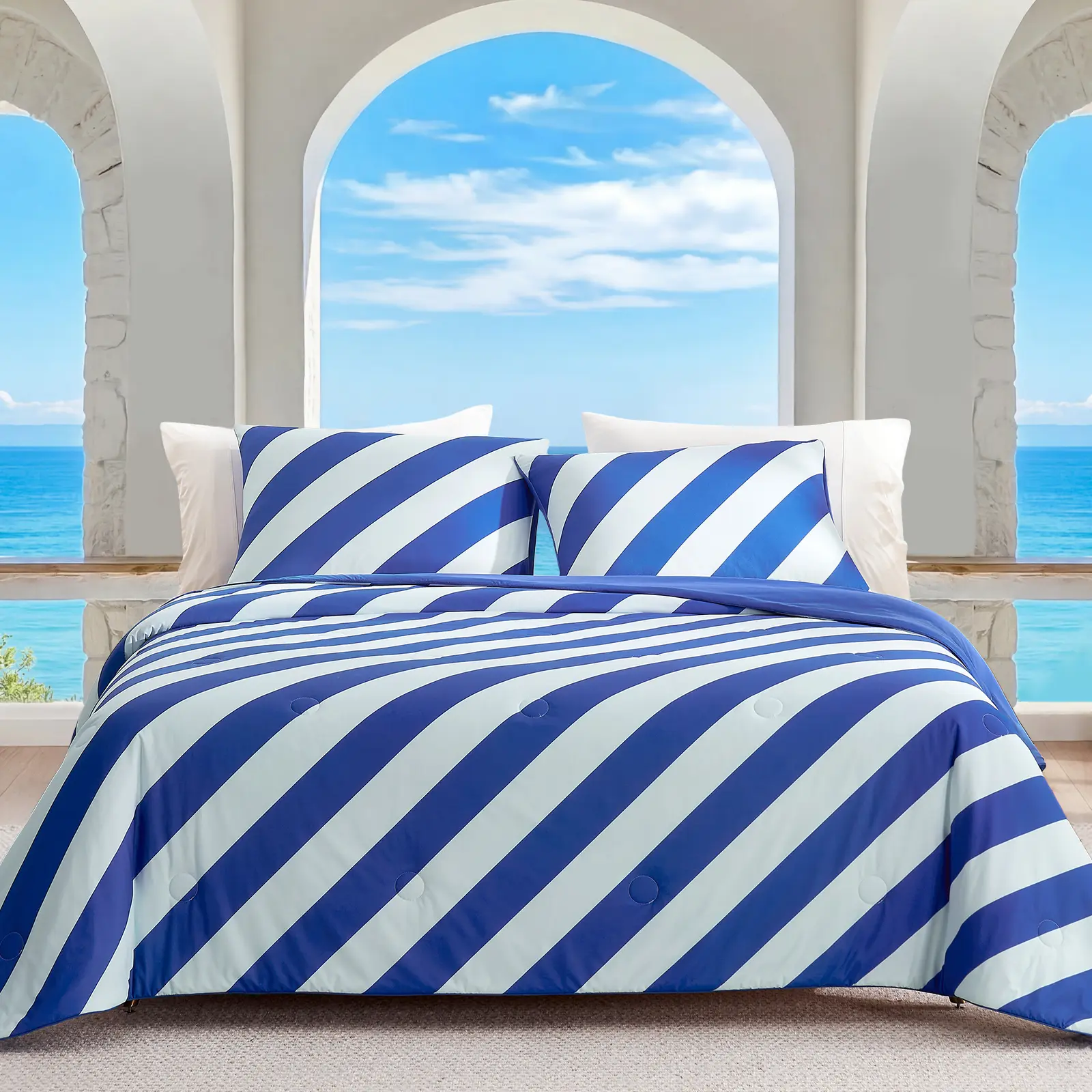 Snuggle Sac Mediterranean Stripe Cooling Comforter Twin Size Set, >0.45 Q-Max Cooling Blankets for Hot Sleepers, Double-Sided Cool Tech Lightweight Breathable Summer Quilt, 68x90 Blue, >0.45 Cooling