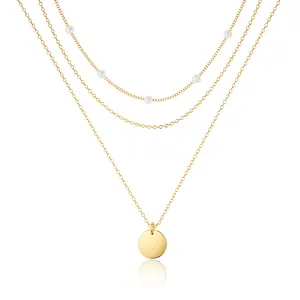 TEWIKY Gold-Plated Three-Layer Necklace with Pearl Chain O-Link Chain & Round Pendant Elegant Design for Various Occasions Perfect Valentine's Day Gift