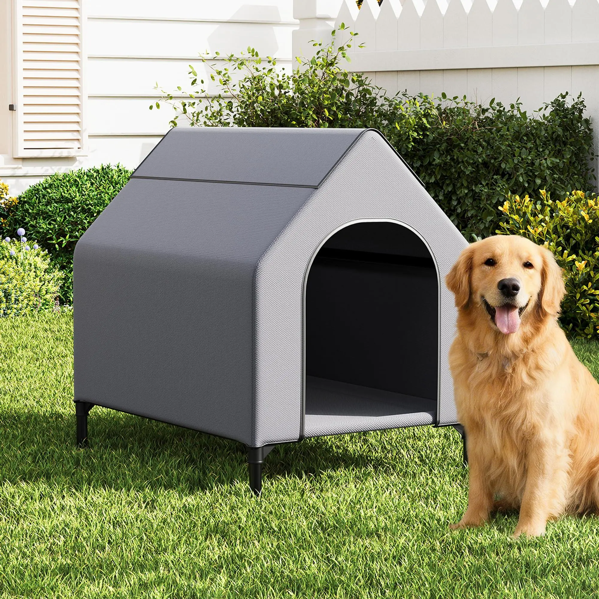 Garvee Dog House Outdoor Weatherproof 600D Oxford Canopy, 2 Top Windows, Breathable Mesh Fabric Bed, Dog Tents Shelter Kennel, Medium Dog House for Outdoor Indoor