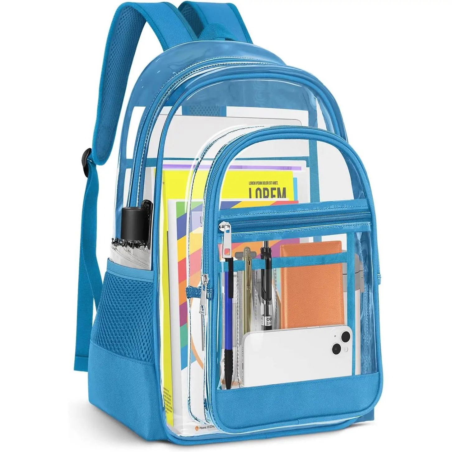 Clear Backpack, Heavy Duty PVC Transparent Backpack with Reinforced Straps, See Through Multiple Pockets Large Capacity Bookbag for  Event Work  Travel Festival (Lake Blue)