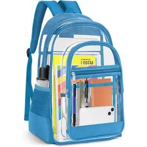 Clear Backpack, Heavy Duty PVC Transparent Backpack with Reinforced Straps, See Through Multiple Pockets Large Capacity Bookbag for  Event Work  Travel Festival (Lake Blue)