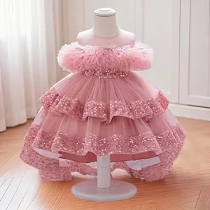 Kids Girls Tulle Ball Gown Shiny Sequins Round Neck High Low Party Dresses for Birthday Wedding Dress