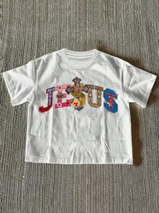 1Pcs Mens White Jesus Letter Collage T-Shirt | Retro Cross Sacred Heart Graphic Tee | Boxy Cropped Fit Christian Streetwear Top Casual