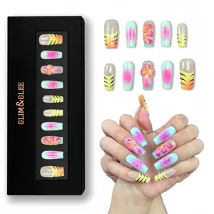 Glim&Glee Handmade Anti-Wrinkle Acrylic Press On Nails Colorful Gradient Floral Tiger Stripe Decor Long Coffin False Nails in Black Gift Box