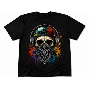 Menswear Casual Round Neck Short-Sleeve T-Shirt, Unisex Graffiti Skull DJ Graphic Tee, Colorful Paint Splatter Edgy Urban Streetwear Top