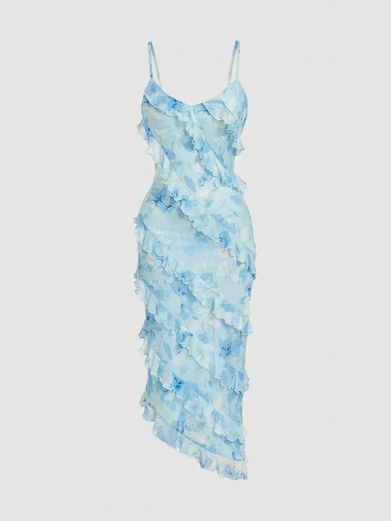Women's Sky Blue Floral Asymmetrical Maxi Dress | Multi-Layered Lotus Leaf Ruffle Trim Cami Dress Women's Sky Blue Floral Asymmetrical Maxi Dress | Multi-Layered Lotus Leaf Ruffle Trim Cami Dress