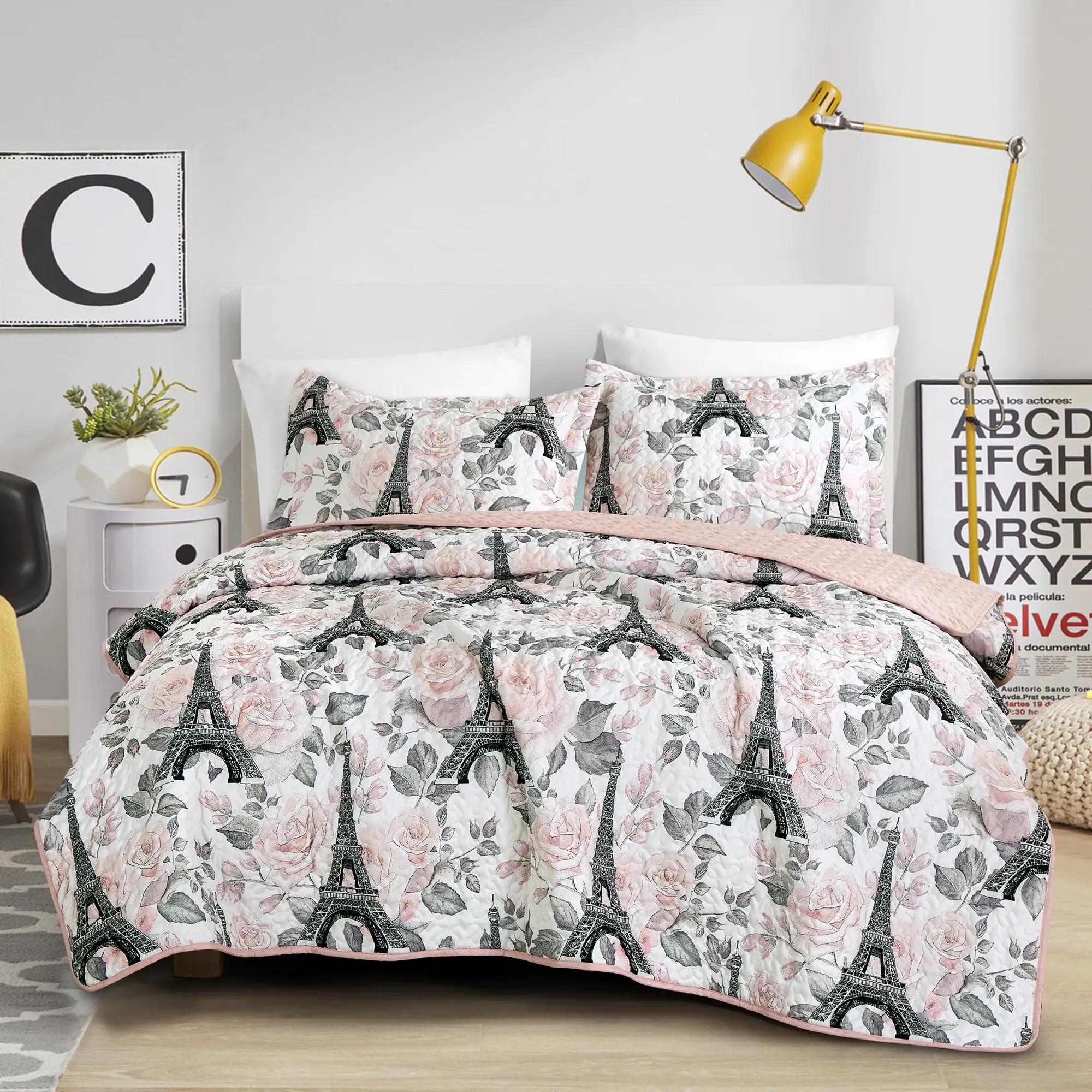 Paris Theme Eiffel Tower & Rose Quilted Bedspread Set with Pillow Shams, Romantic Floral Lightweight All-Season Bedding for Twin/Full 2 Sizes Bed, Two Sizes