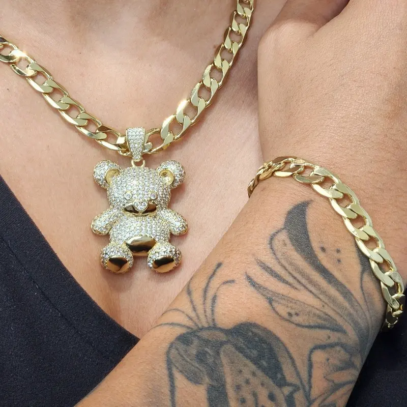 ViOrO 14K Gold Plated 8mm Cuban Link Chain with Bracelet and Zircon Bear Pendant for Dairy Use. Electro Laminated Premium Jewelry