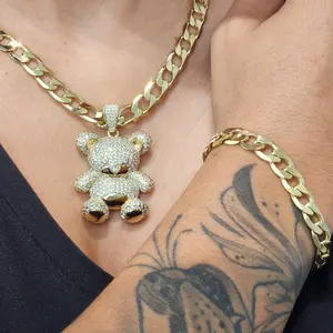 ViOrO 14K Gold Plated 8mm Cuban Link Chain with Zircon Bear Pendant for Dairy Use. Electro Laminated Premium Jewelry