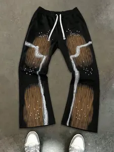 Abstract Lightning Rhinestone Micro Flare Sweatpants, Street Style Casual Drawstring Sports Long Pants, Winter Geometric Pattern