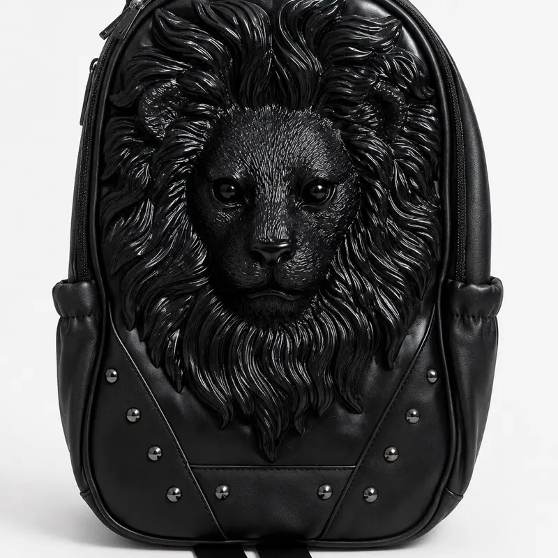 Sculpted Medium Midnight Lion Backpack - Black Luxury Unisex Lightweight Multifunctional 3D Animal Figure Bag, Beast Graphic, Unisex Names, Campus Life, Casual/Work Use, Frees Hands On The Go, Adult Gifts, SKU-3087, Cool Luggage Backpack