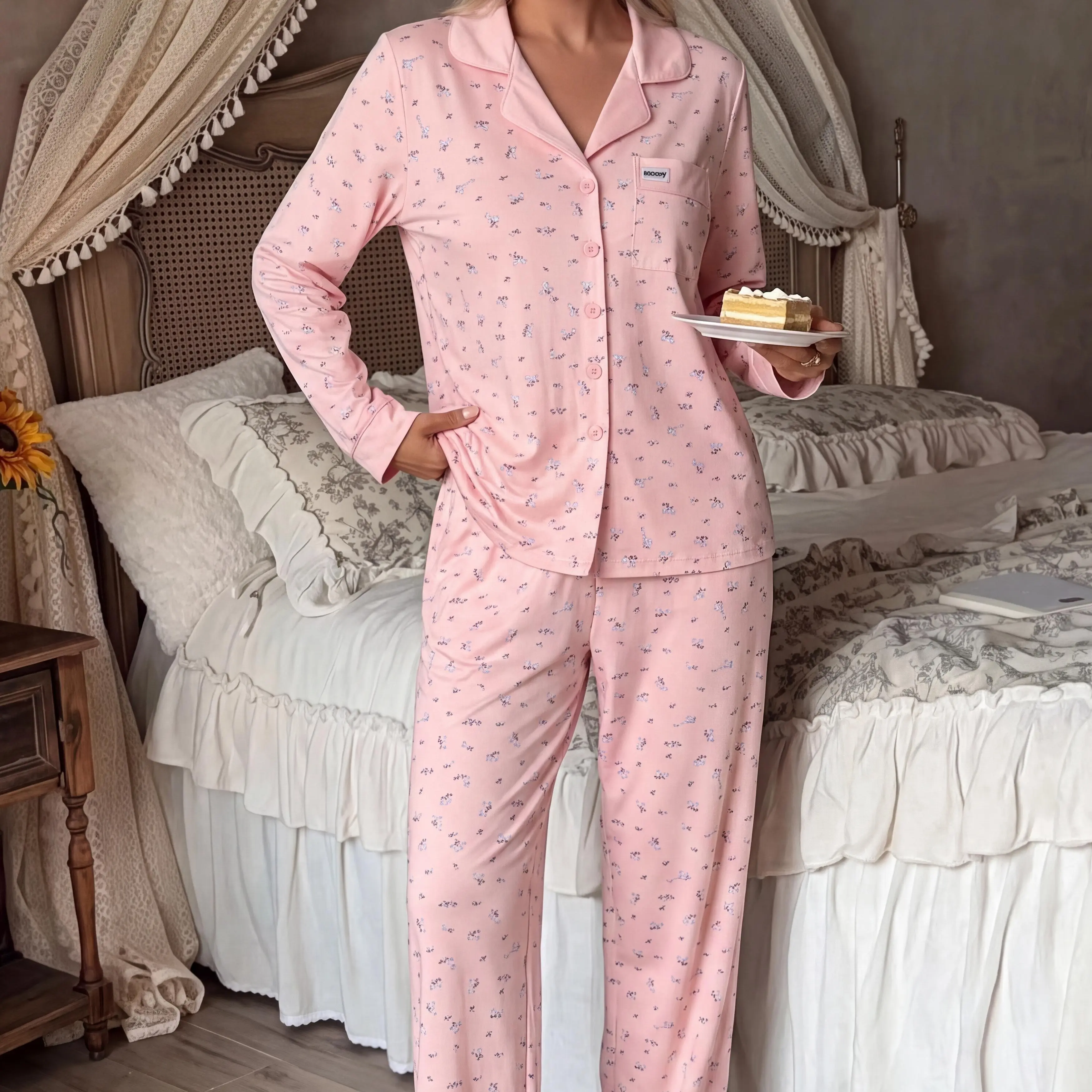 Cute Floral Print Button-Down Pajama Set Long Sleeve Sleepwear Sweet Style loungewear sets