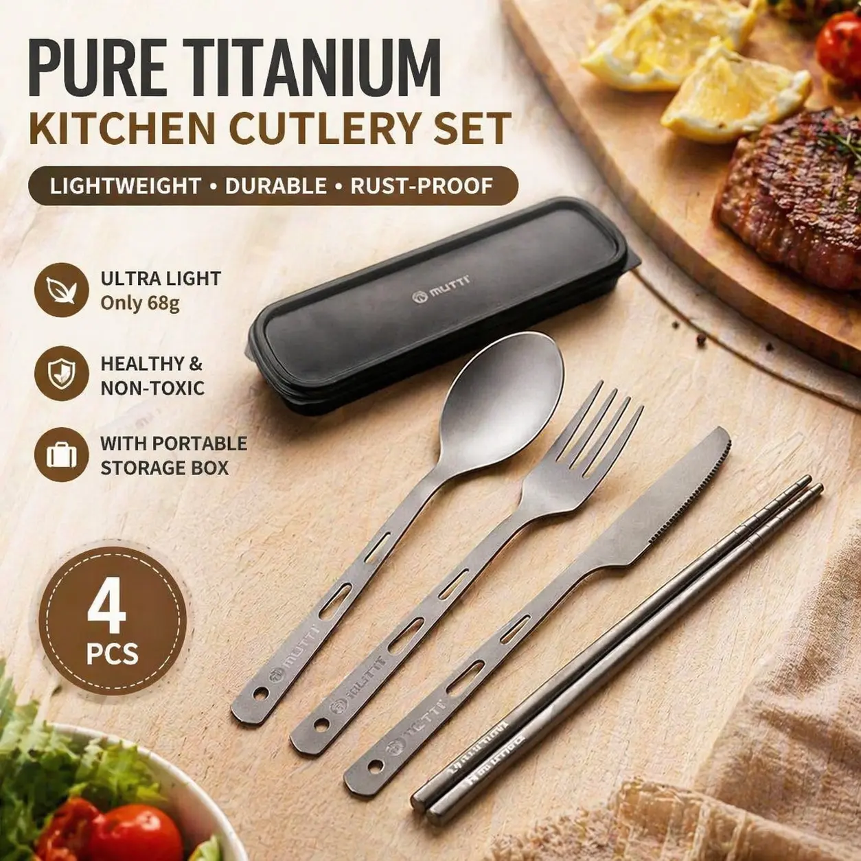 Pure Titanium Kitchen Cutlery Set, Camping Kitchenware, Portable Fork Spoon Chopstick Combo, Home Camping Travel Utensils with Storage Bag Box, Cutlery and Bag