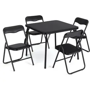 Folding Card Table and Chair Set of 5, Upholstered Foldable Table and Chair Set, Portable Metal Frame Children's Activity Table and Chairs Set for Eating, Reading, Playing, Black