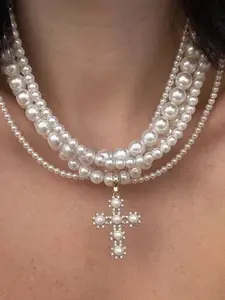 Multi-Layer Faux Pearl Necklace, French Vintage Luxurious Sweet Cool Cross Pendant Chain for Women