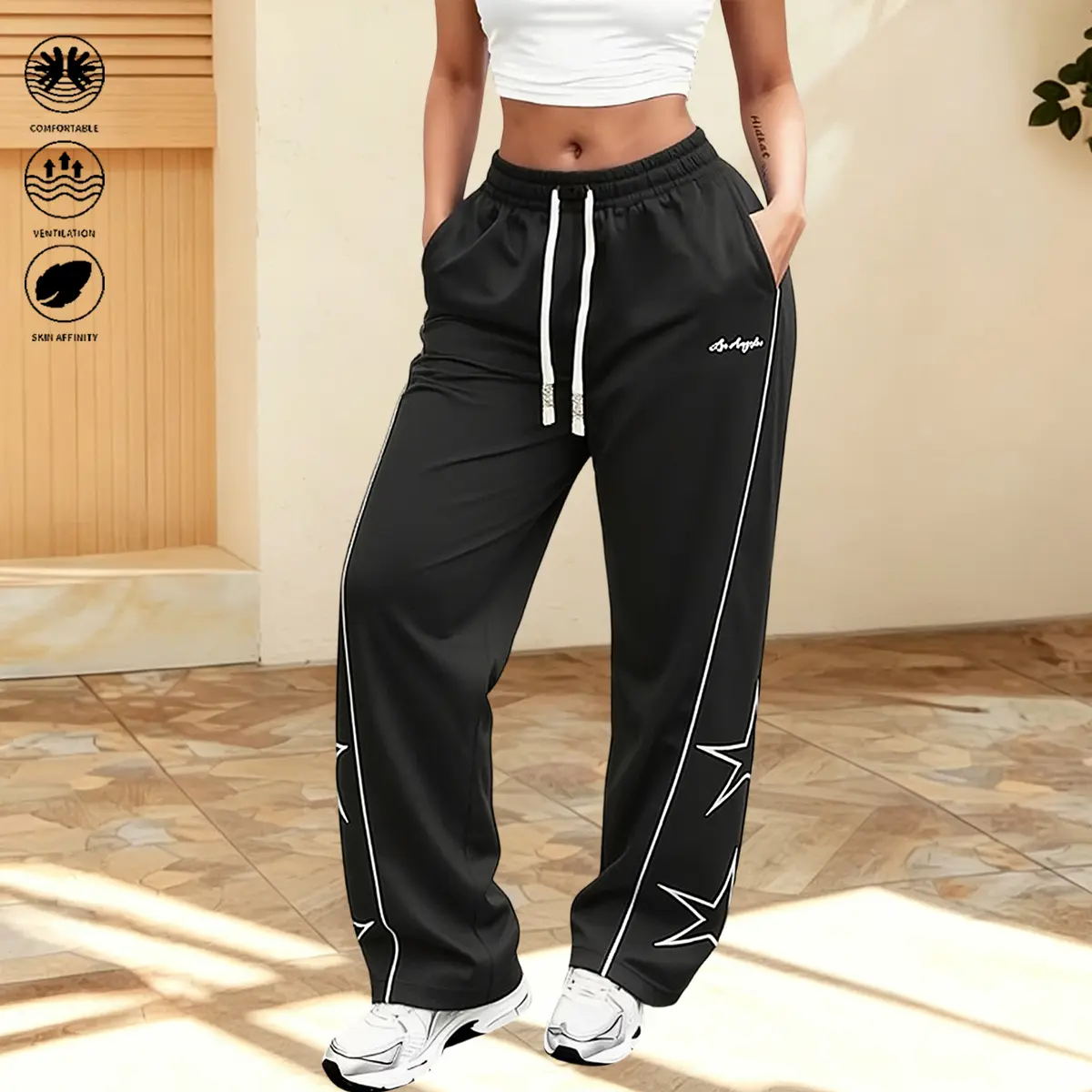 Women’s Baggy Track Pants - Casual Athleisure Jogging Sports Pants with Side Stripes, Star Dot Accents, Lightweight Breathable Polyester Gym Bottoms, Straight Loose Fit for Everyday Casual Sports, Casual Athleisure Pants