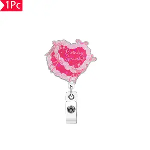 1PC Pink Sparkling Love Bow Stretch Easy to Pull Birthday Theme Chest Badge ID Clip Cute Medical Badge Scroll Buckle, Gift for Medical Workers, Id Badge Holder