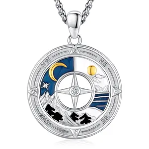 DRINSPER 925 Sterling Silver Mountain Compass Necklace for Climber Traveler