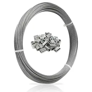 1/16 Wire Rope, 100FT 304 Stainless Steel  with 50 count Crimp Sleeves, Aircraft Grade, 7x7 Strand, 368lbs Breaking Strength, for Garden Trellis, Clothesline, Railing,Trellis