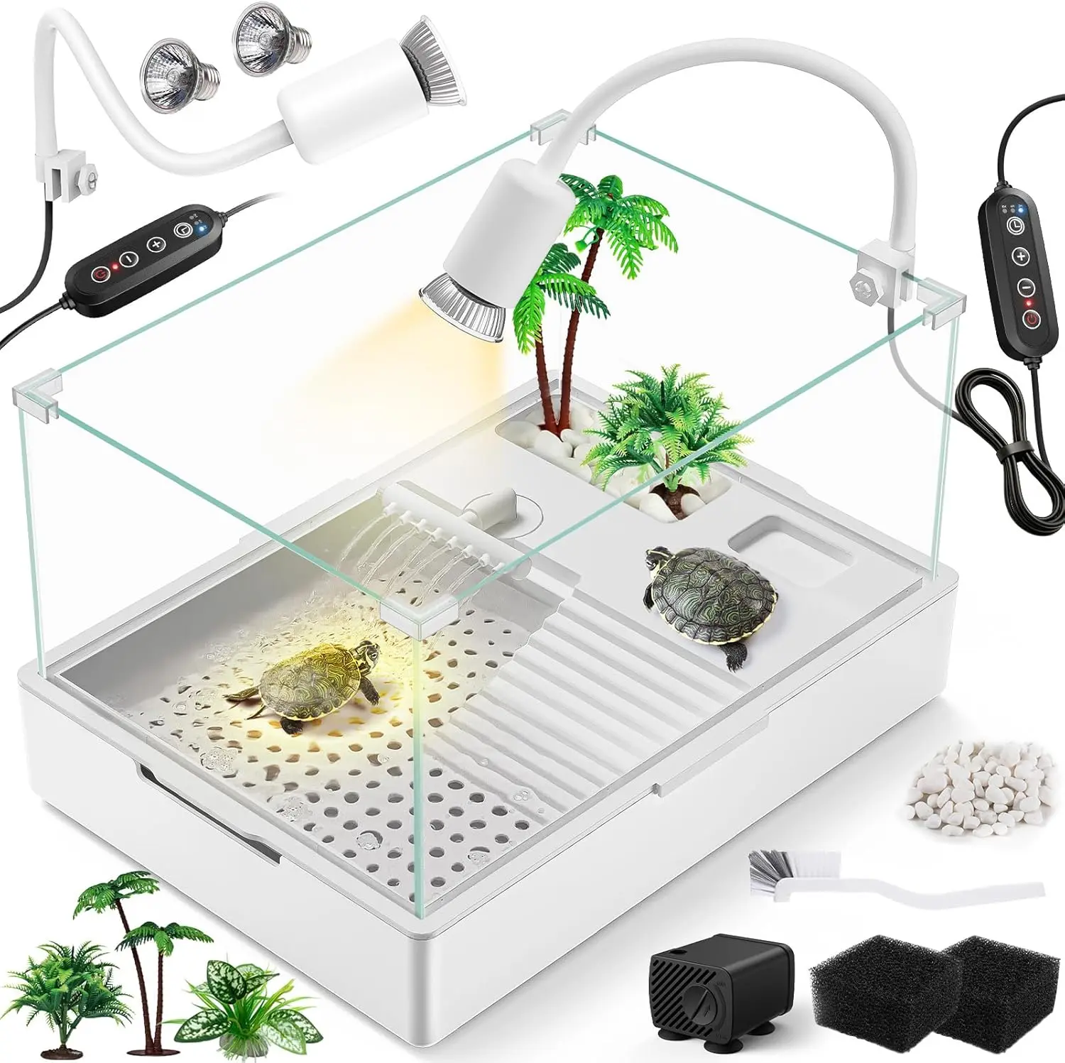 Large Turtle Tank Kit(Tank + Light + Water Pump), Acrylic Turtle Tank Starter Kit with Two Rain Shower Head, Adjustable Water Pump, Higher Fences (Kit-S)