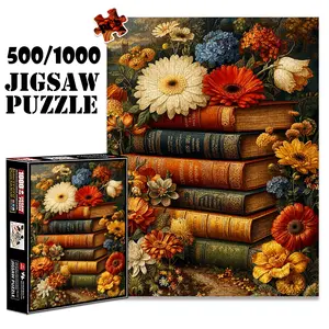 1pc 1000 piece adult puzzle 70x50cm Stacked Books Surrounded by Colorful Flowers 500 pieces paper jigsaw puzzle suitable for DIY creative games for adults and families, birthday and holiday stress re