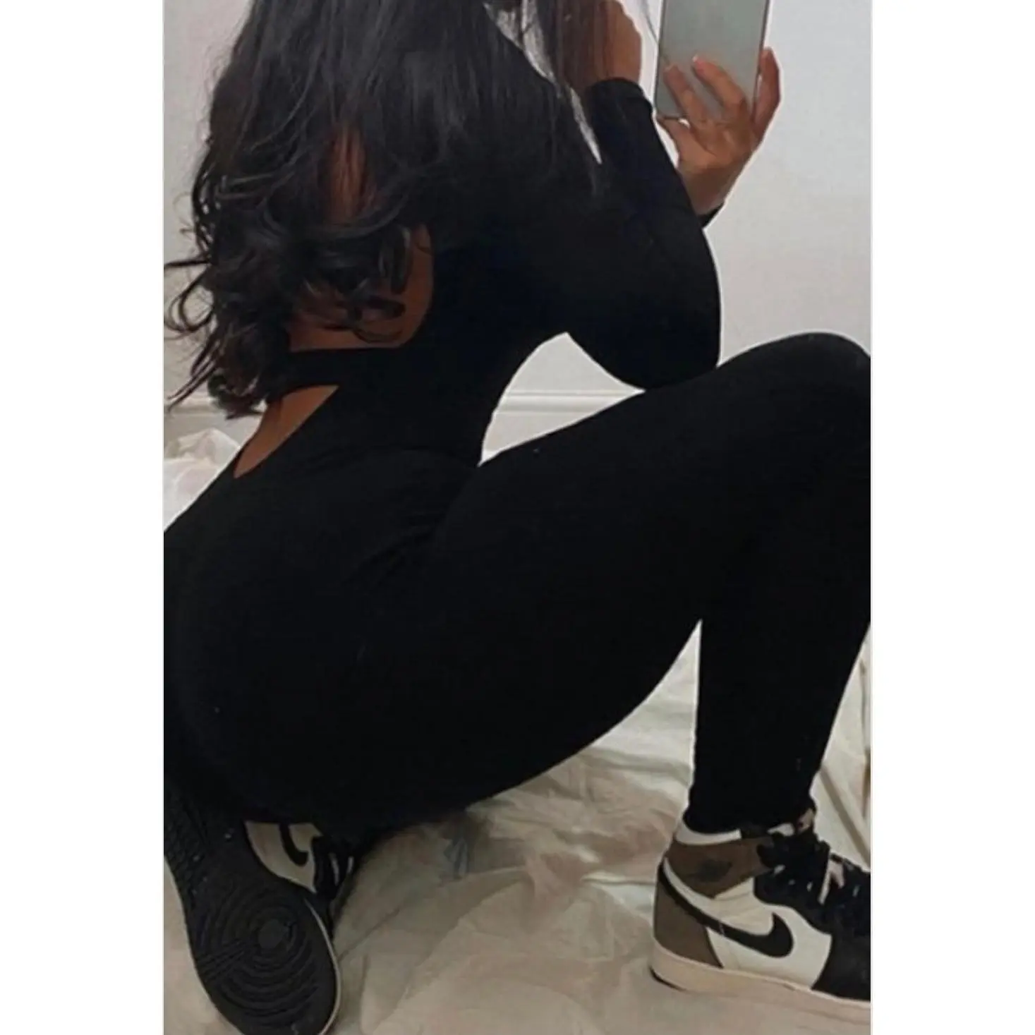 Back At Cha Long Sleeve Jumpsuit for Women - Black, Minimalist Style, Comfortable Fit, Crewneck Design