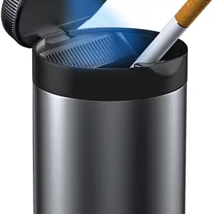 Ashtray with Lid,Smokeless Ashtray for Cup Holder Smell Proof,Detachable Stainless Steel Car Ash Tray with LED Auto Light, for Most Car, Office, Home (Grey)