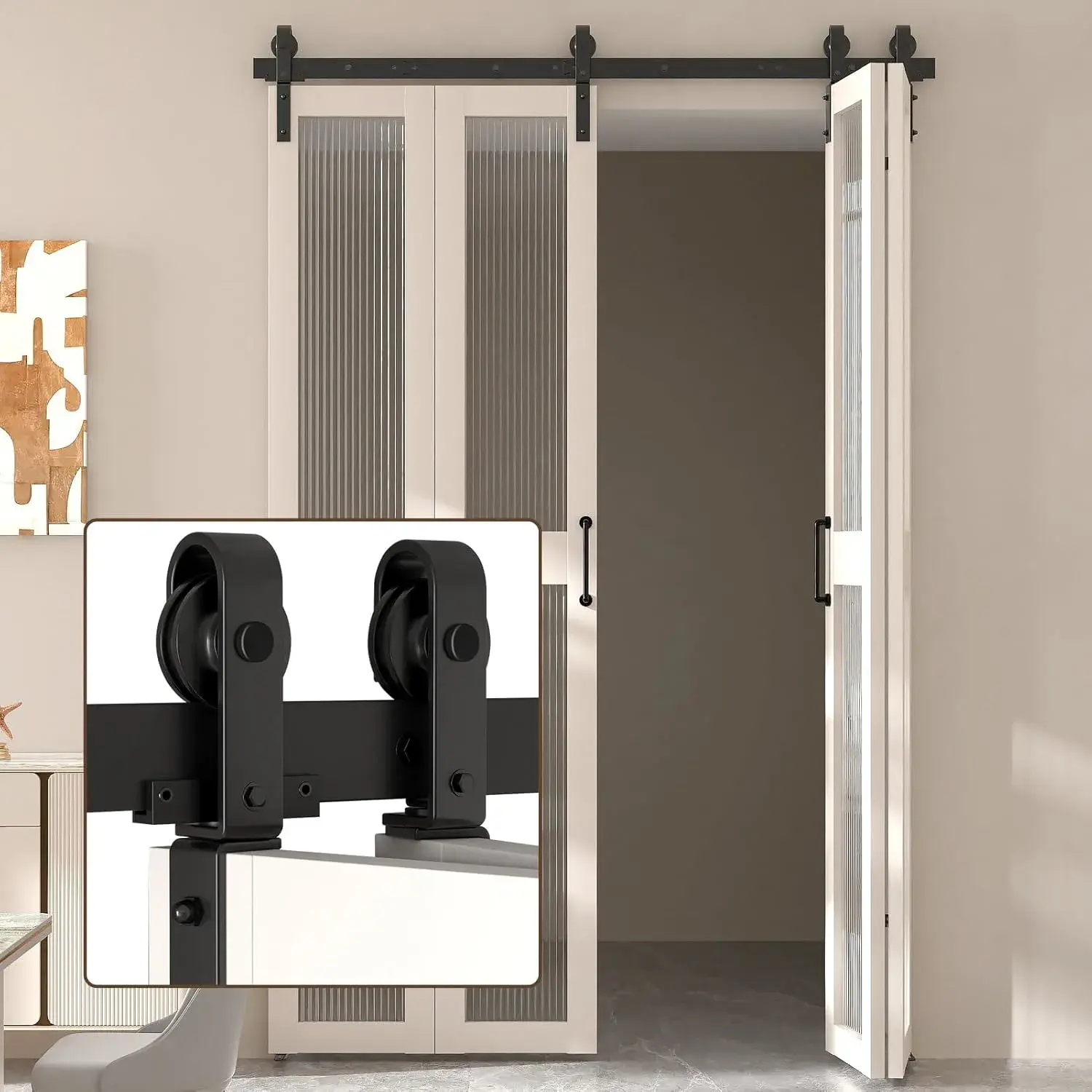 60" Bi-Folding Sliding Barn Door Hardware Kit for 4 Doors, Modular Track System with Side-Mounted Rollers, Smooth and Space-Saving Folding Solution, Fit 4 x 14in Door Panel