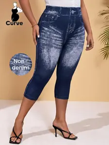 Plus Size Women's Printed Tight Pants, Non-Denim Material, Casual High Waist Bottom Capri Shorts, Fashionable and Elegant, Daily&Home Wear,All Seasons