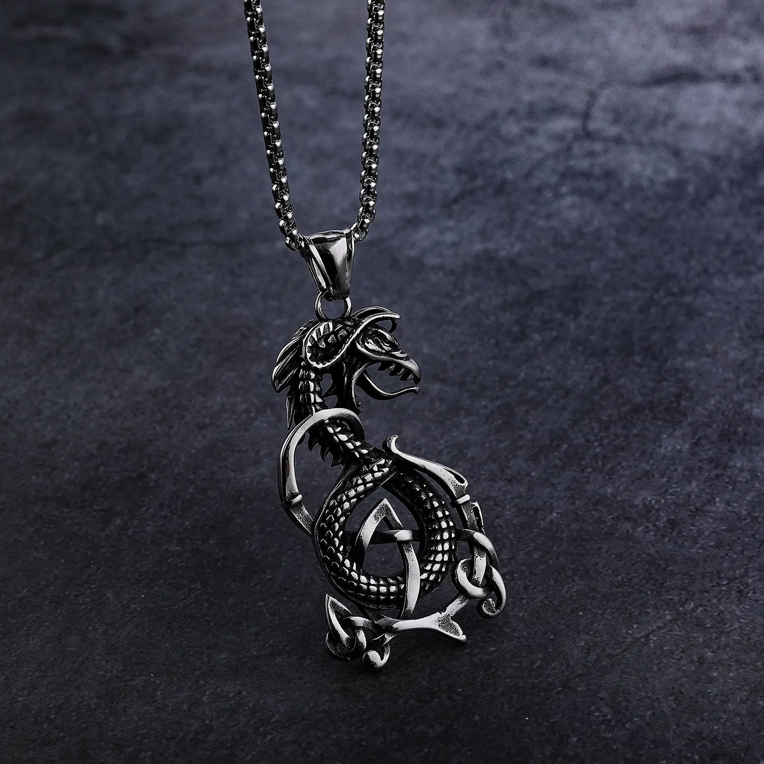 Stainless Steel Viking Dragon Necklace with Retro Ouroboros Pendant, Norse Mythology Artificial Gemstone Fashion Jewelry Accessory