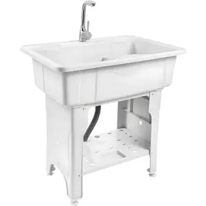Utility Sink Laundry Tub, Freestanding Utility Sink,With Hot and Cold Faucet, Valves Drain Pipe, Heavy Duty Slop Sinks For Washing Room, Basement, Garage or Shop, Large Free Standing Wash (White)