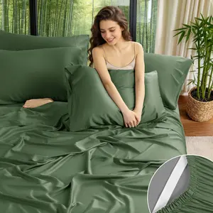 Pure Bamboo Viscose Sheet 4/6Pcs Set With Elastic Straps Non Slip Deep Pocket 6-18 Inch Secure Fit Cooling Breathable Silky Soft Hotel Style Bedding