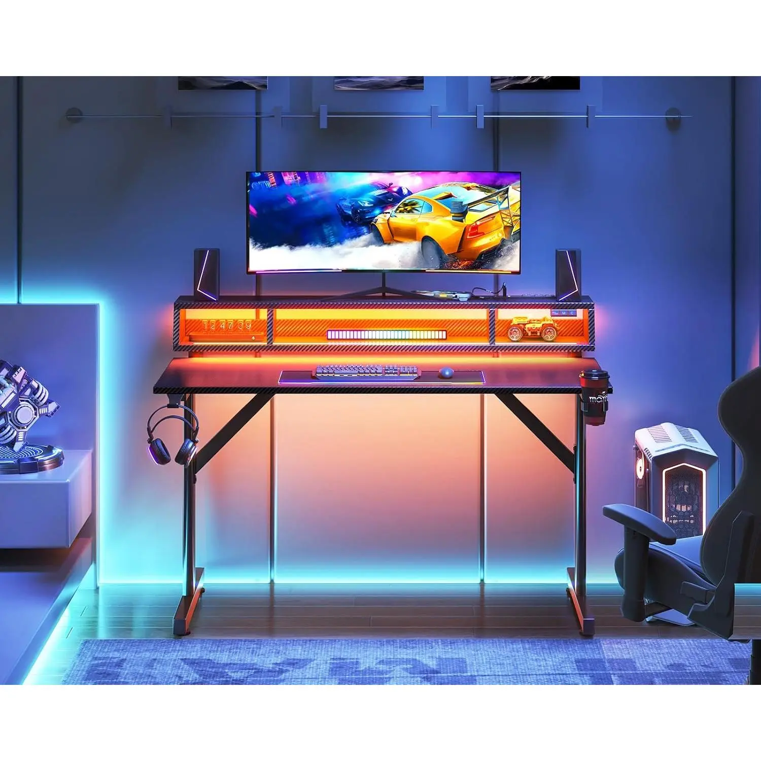 MOTPK 40 inch Gaming Desk with LED Lights & Power Outlets, Small Computer Gaming Table with Float Monitor Stand, Kids Boys Desk with Carbon Fiber Texture
