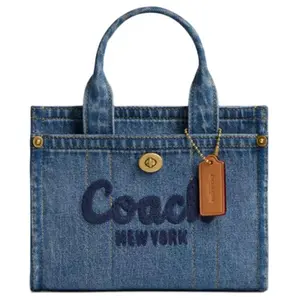 COACH Cargo 20 Denim Tote Bag with Script Logo Embroidery, Small Size for Women in Indigo Blue
