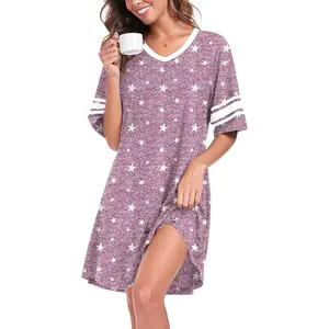 Womens Nightgowns Short Sleeve Sleepshirt Sleepwear Casual V Neck Sleep Dress Loungewear Nightshirts